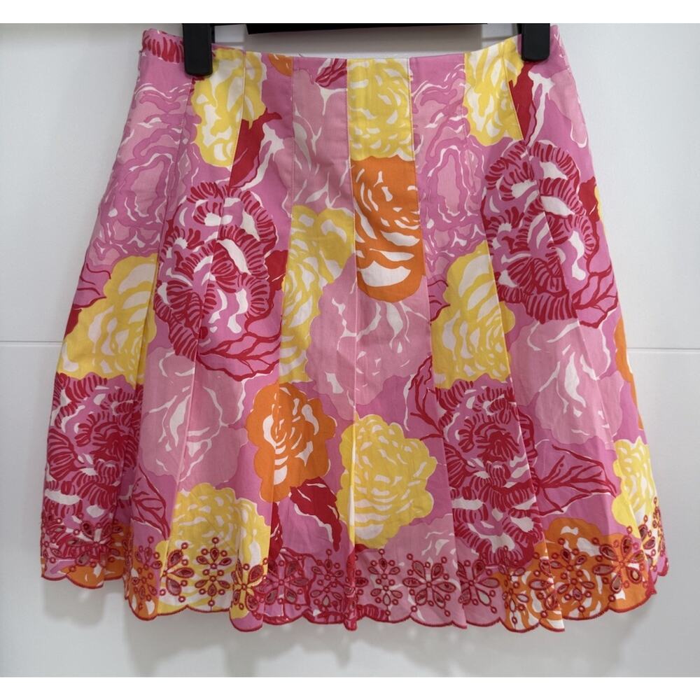 Lilly Pulitzer Ingrid Pink Yellow floral eyelet hem lined pleated skirt Vintage
